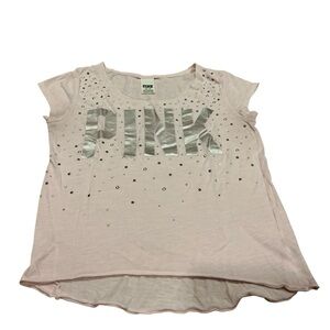 Vtg Victoria’s Secret Pink raw hem T-shirt rhinestones metallic logo pink  XS